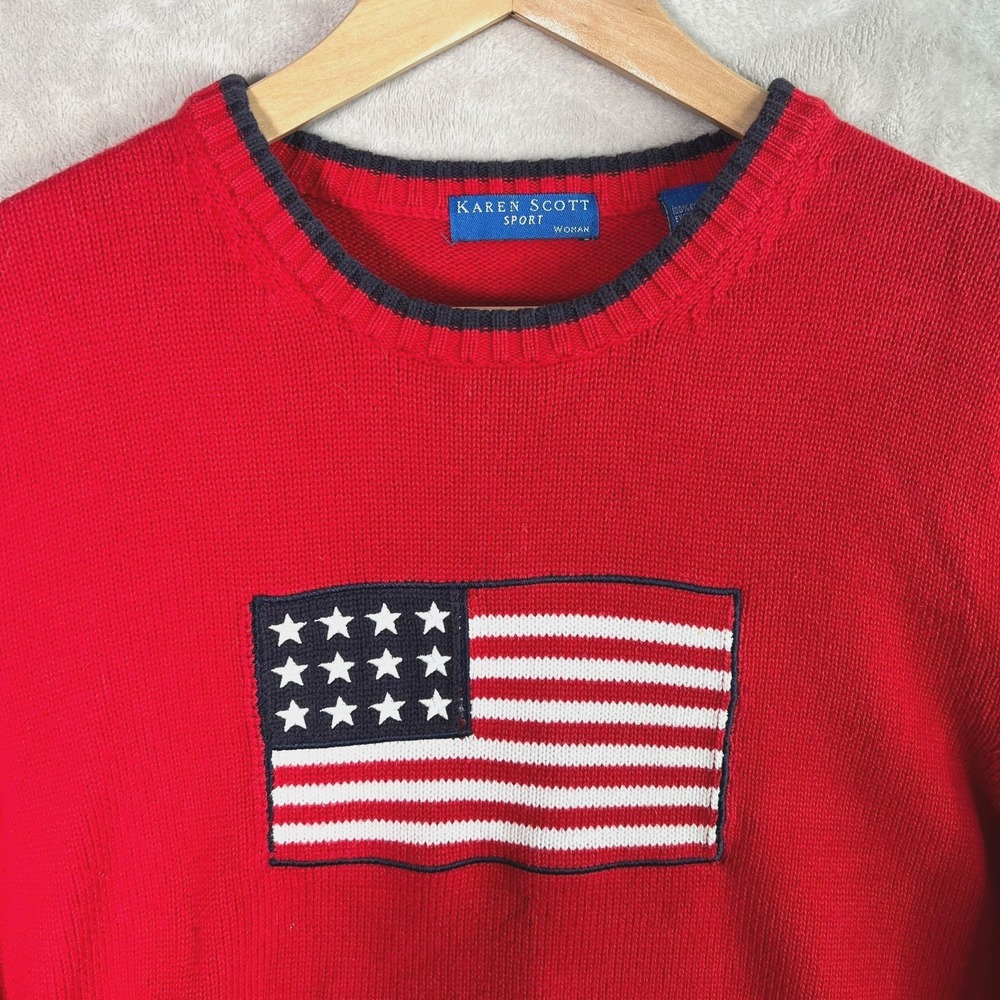 Vintage American Flag Sweater Womens Size 1X Red 90s Karen Scott Australia